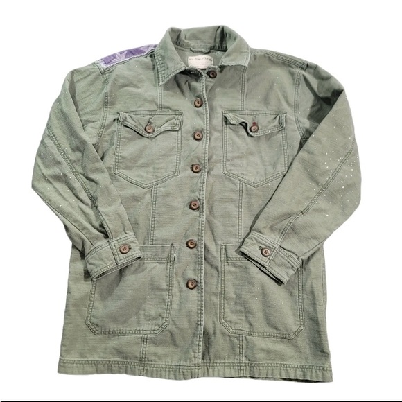 FREE PEOPLE Sz S SPRUCE MILITARY SHIRT JACKET AMERICAN FLAG ARMY GREEN Was $228 - Picture 12 of 17